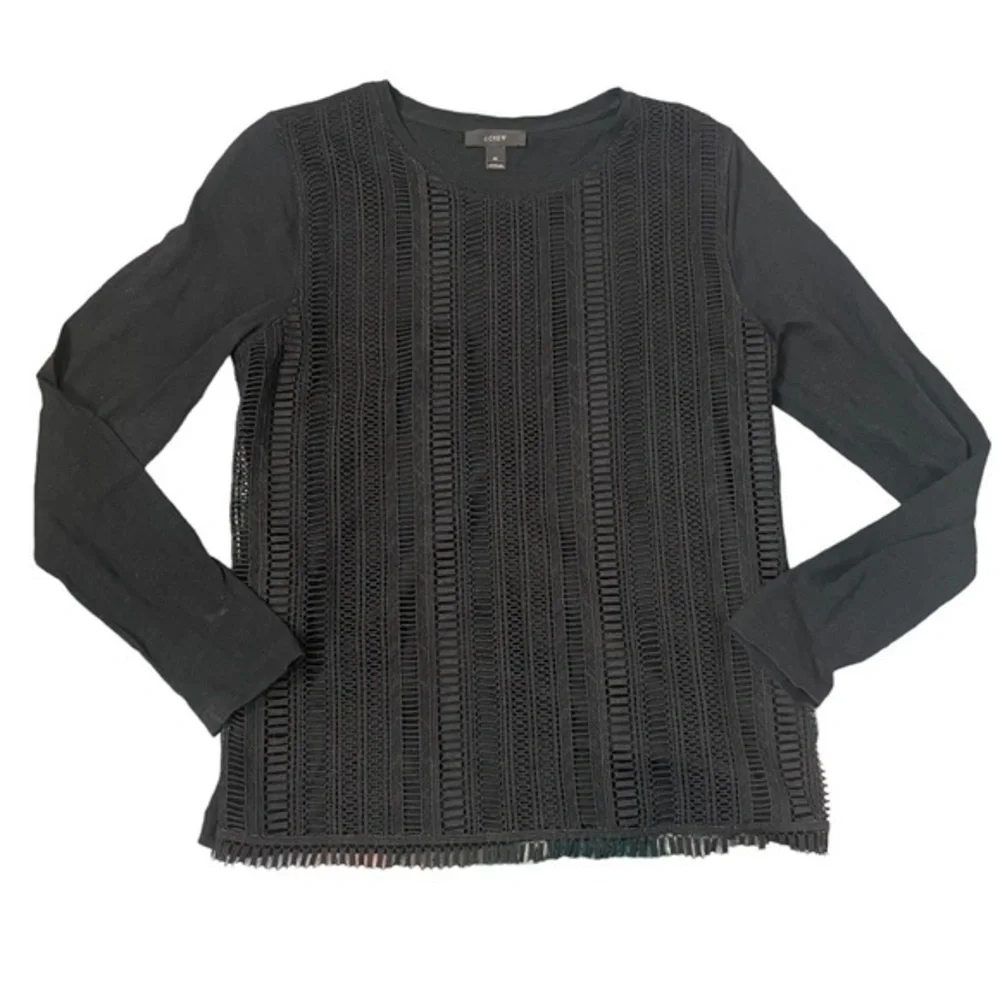 J. Crew Black Lace crochet Overlay Long Sleeve Crewneck Top Shirt medium